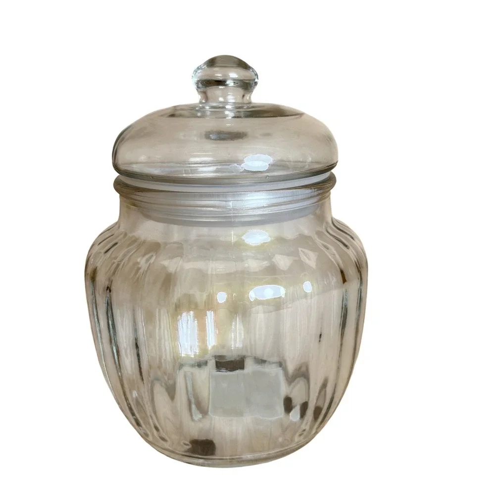 Vintage Anchor Hocking Clear Ribbed Glass Apothecary Jar with Lid Made in USA